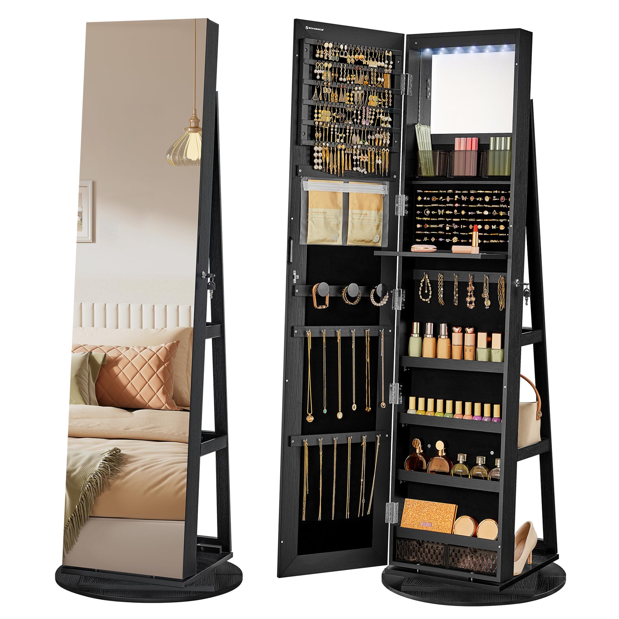 Photo 1 of ***MIRROR BROKEN*** SONGMICS 6 LEDs Lockable Mirror Jewelry Cabinet, 360° Swivel Jewelry Organizer Armoire Standing, Frameless Full-Length Mirror, 3 Storage Shelves, Black Surface, Black Lining UJJC007B01