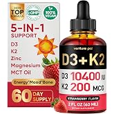 5-in-1 Vitamin D3 K2 Drops, Vitamin D3 10400 IU &amp; K2(MK-7) 200mcg | With Magnesium, MCT Oil, Zinc, Maximum Absorption Vitamin D Liquid for Bone, Mood &amp; Immune - Sugar Free | 2 FL OZ | 60 Days