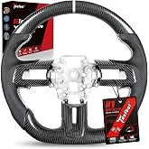 TESFEEL Hydro-Dip Carbon Fiber Steering Wheel for Mustang 2018-2023 | for EcoBoost,GT,Bullitt, Mach 1,GT350 &amp; GT350R,White Stripe &amp; Stitching,D-Shape Flat Bottom,Trim Piece,Perforated Leather