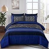 Luxudecor Blue Comforter Set Queen Size, 7 Pieces Stripe Geometric Bed in a Bag, Geometric Comforter and Sheet Set, Soft Microfiber Complete Bedding Sets for All Seasons