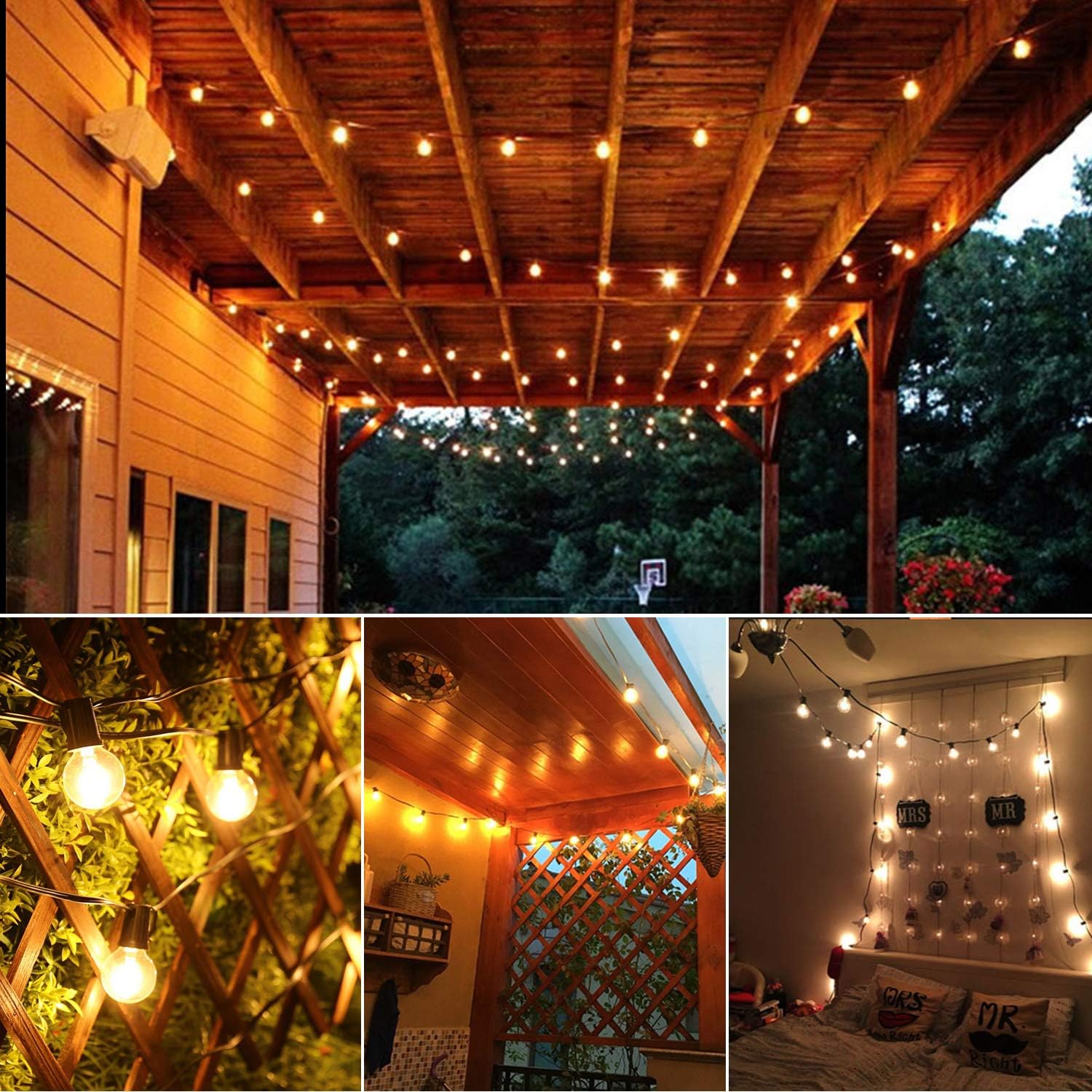 Outdoor String Lights, Yuusei 100Ft G40 Patio Lights with 55 5W Clear Globe Bulbs (5 Spare), IP44 Waterproof Backyard String Light with E12 Socket Base, for Balcony Porch Deck, UL Listed - - 