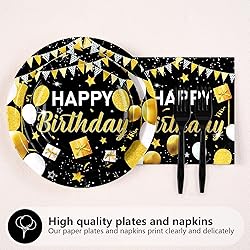Grencian 96 Pcs Black and Gold Happy Birthday Party