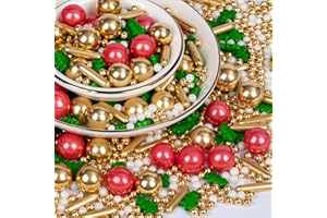 Twisweet Christmas Sprinkles, Gold and Red Pearls for Cake Decorating, Edible Christmas Tree Sugar Sprinkles for Baking, Candy Pearls Rods Mix, Cake Topper Ice Cream Cupcake Cookie Toppings Dessert Decorations, Xmas Party Supplies (130g/4.58oz)