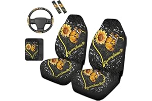 HUGS IDEA Sunflower Seed Butterfly Decorative Car Seat Cover/Center Console Armrest Cover/Steering Wheel Cover/Seatbelt Pads, Universal Fit SUV Sedan Vans