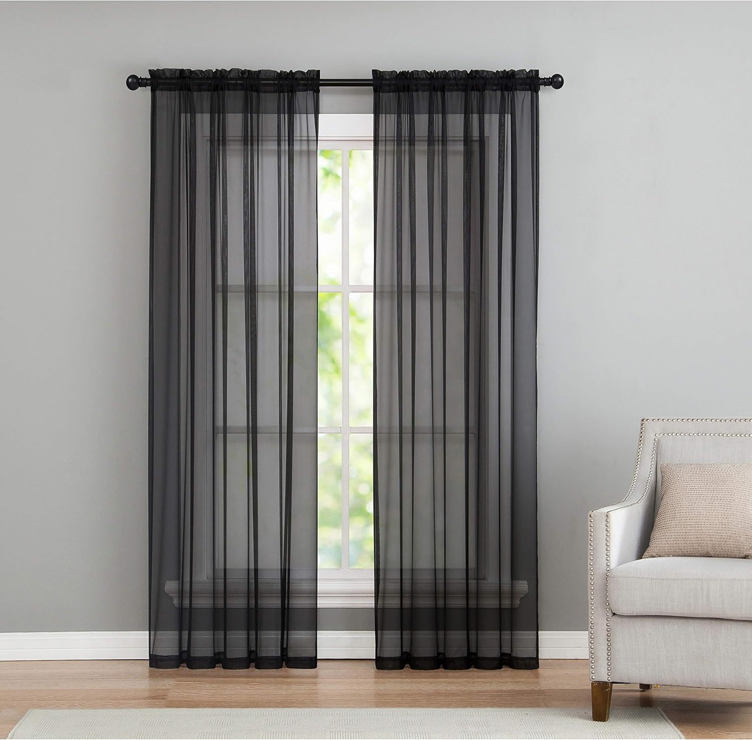 VCNY Home Infinity Rod Pocket Sheer Window Curtains Panel Pair, 108 x 96, Black