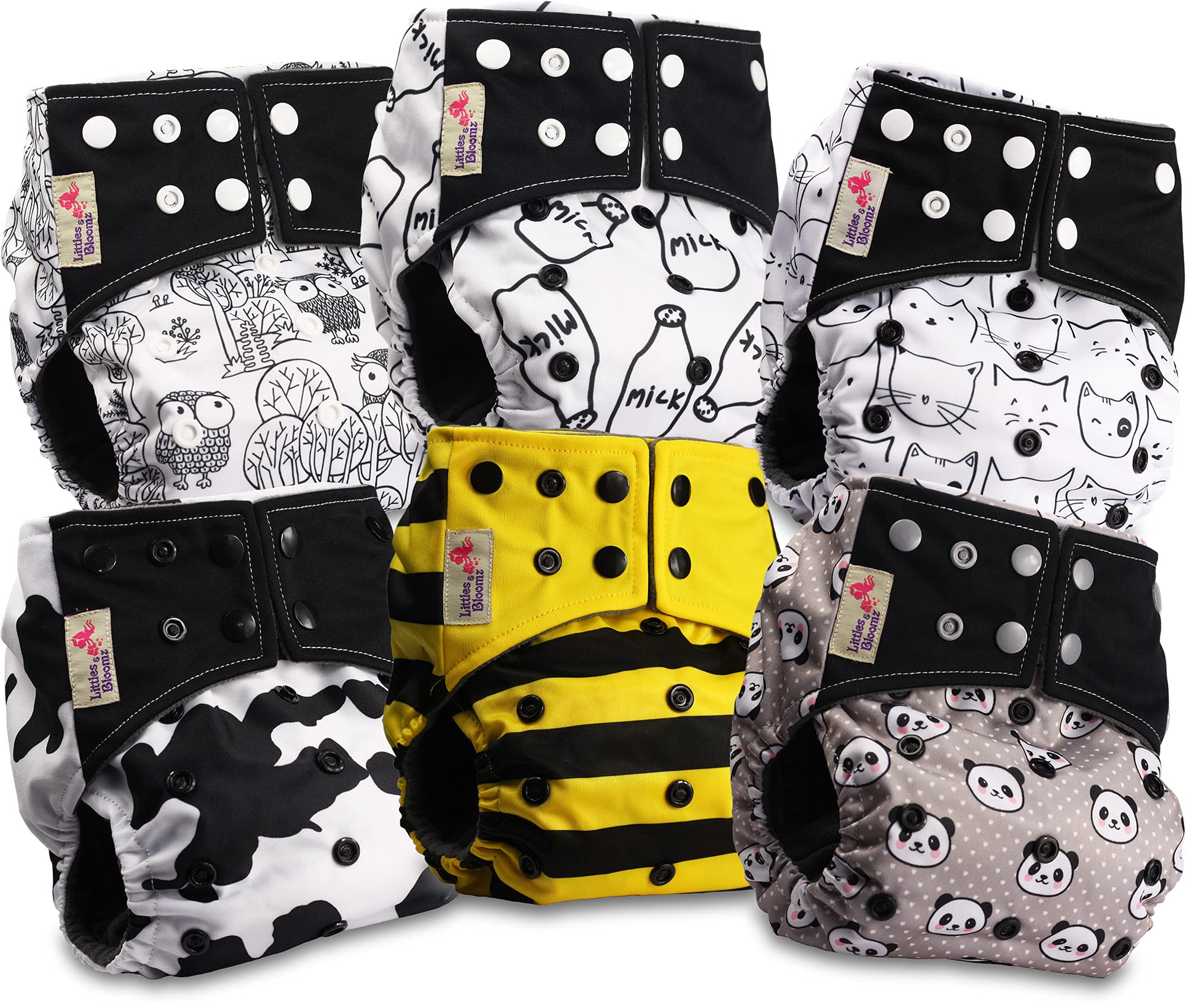Littles & Bloomz Reusable Nappies Baby Pocket Cloth Diaper, Charcoal Popper, 6 Nappies, BCP-0602