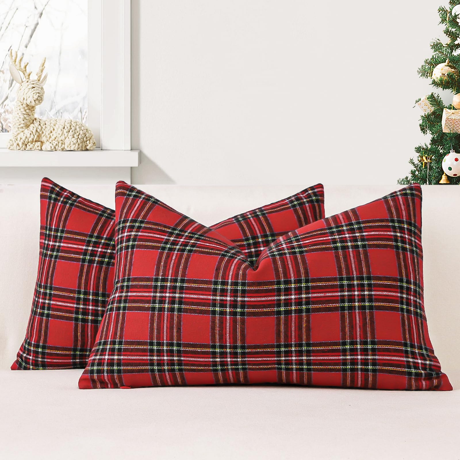 JOTOM Set of 2 Classic Plaids Cushion Covers 40x60 cm Christmas Scottish Tartan Plaid Soft Solid Decorative Throw Pillow Covers Home Decor Outdoor Cushion Case for Sofa Bedroom (Red Black)