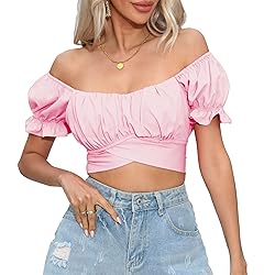 COOUFE Women's Crop Tops Ruffle Short Sleeve Tie