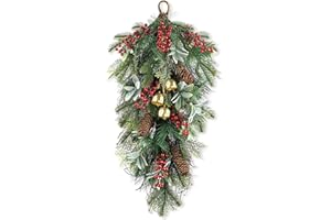 Glitzhome 26" Christmas Teardrop Door Swag with Berries, Xmas Pinecones Bells Frosted Green Pine Needle Garland for Front Door Indoor Holiday Decor