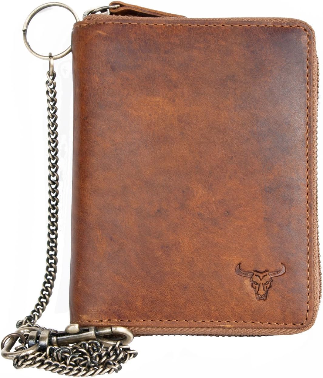 FLW Glazed genuine leather biker's leather wallet with metal chain, Tan
