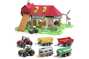 Oriate Toy Barn Farm House with Tiny Farm Animals, Included 2 Tractors & 4 Trailer - Farm Barn Toys Playset for Kid 3-8 Children Birthday Toy