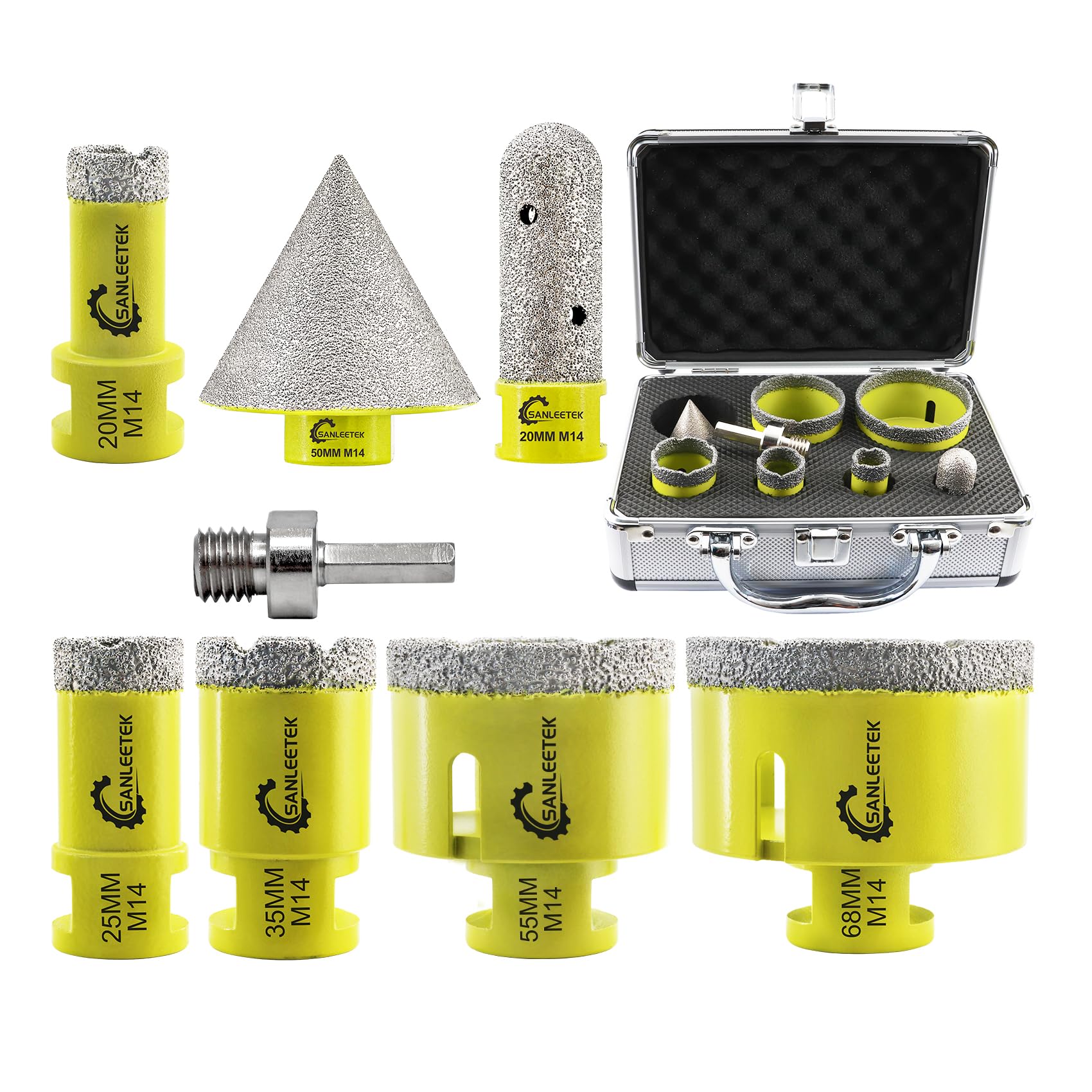 SANLEETEK Tile Hole Saw Kit - Diamond Core Drill Bits Set 8pcs (20/25/35/55/68mm+20mm Finger Bit+50mm Beveling Chamfer Bit+Hex Adapter) for Porcelain Tile Ceramic Marble Granite with M14 Thread — image 1