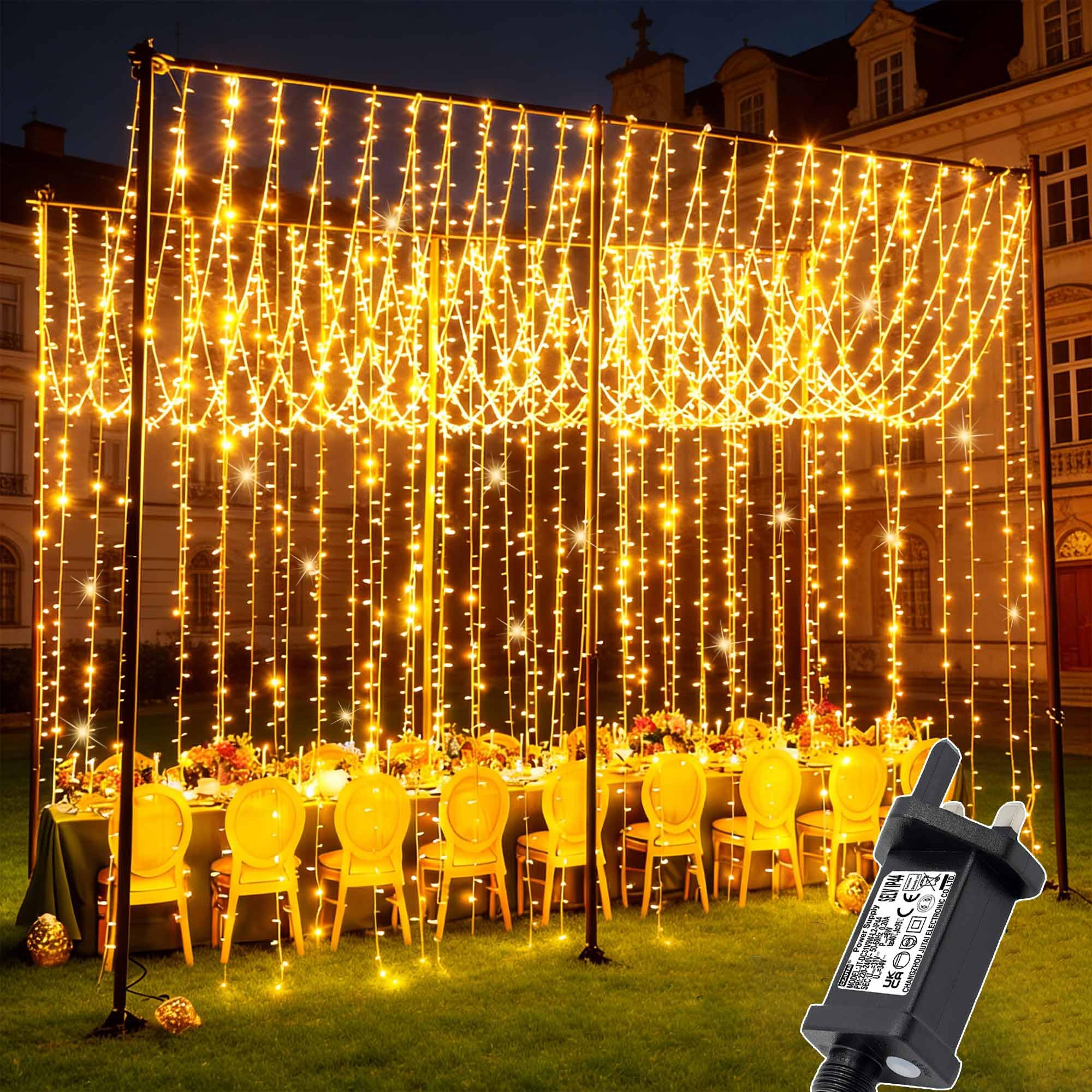 Joycome Curtain Lights Outdoor, 6mx3m 600 LED Curtain Fairy Lights Plug in, 8 Modes/Timer/Connectable Waterfall Fairy Light, Waterproof String Light for Garden Gazebo Wall Ceiling Party (Warm White)