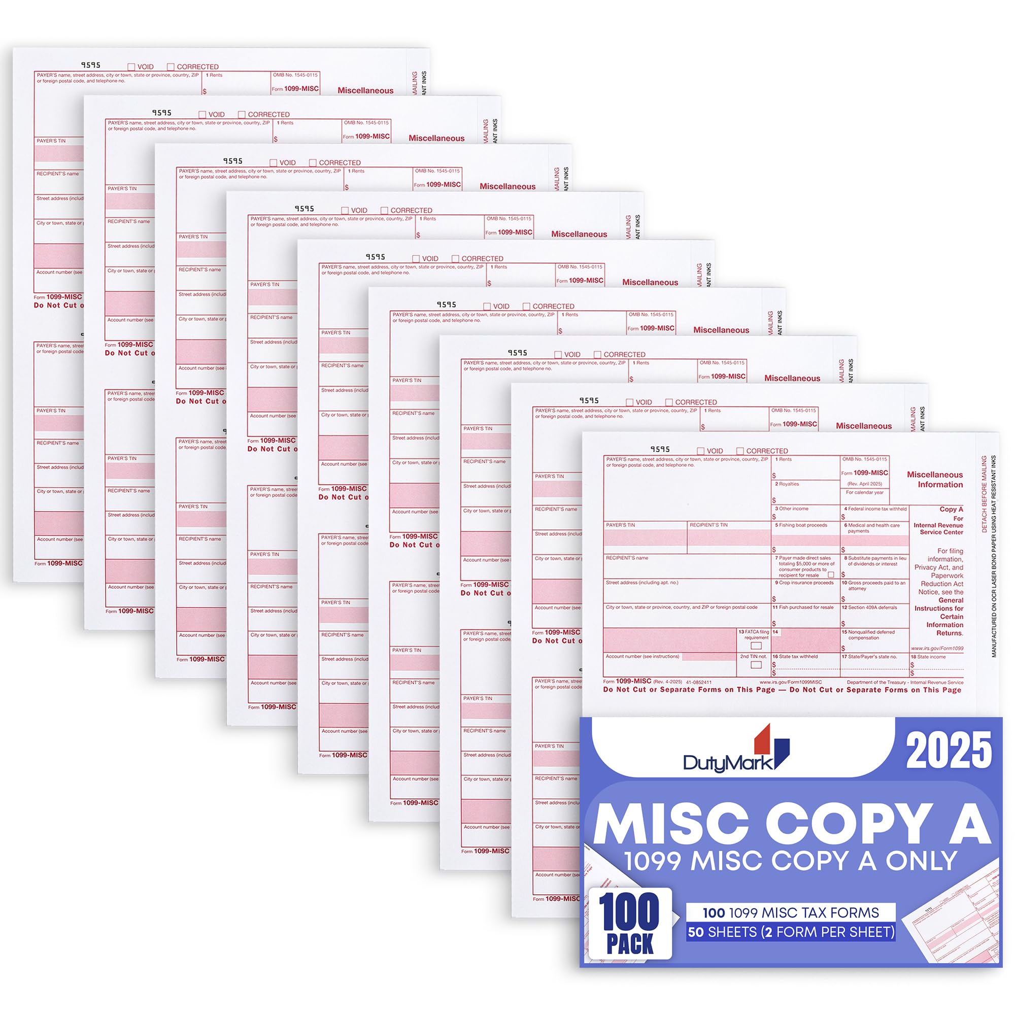 Photo 1 of 1099 MISC Copy A 2025 Tax Federal Income Form, 100 Laser Tax recipients Pack, (50 Sheets) Compatible with QuickBooks and Accounting Software