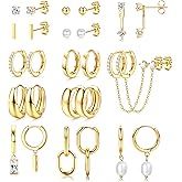 BESTEEL 13 Pairs Small Stud Hoop Earrings Set for Women Hypoallergenic Gold Plated Huggie Hoops Pearl Dainty Lightweight Earrings for Gift