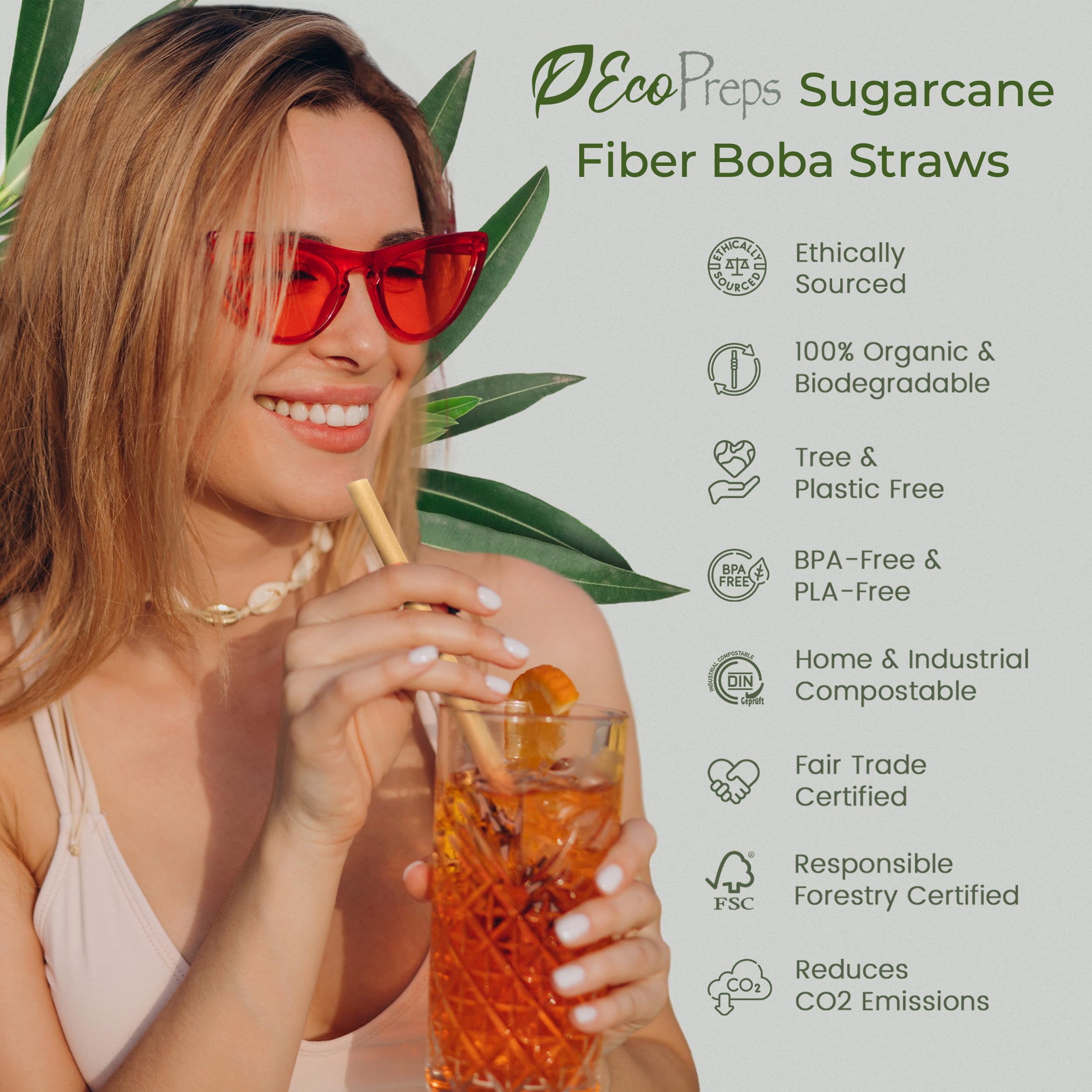 EcoPreps Biodegradable Jumbo Smoothie Straws, Sugarcane Boba Straws - 50 PCS, Extra Wide, 100% Compostable, Plastic-Free, Eco-Friendly Large Wide-Mouthed Straw - 8.3'' Long Sugarcane Disposable Straw - Image 2