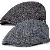 Senker Fashion 2 Pack Newsboy Cap for Men, Wool Blend Tweed Flat Cap | Classic Herringbone Newsboy Hat, 1920s Mens Adjustable Beret, Trendy Dress Hats, Ivy Caps, Cabbie Driving Hunting Fishing Hat