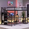 Loft Bed with Desk Full Size, Gaming Loft Bed with LED Light for Adults, Heavy-Duty Loft Beds Frame with Stairs & Wardrobe & Storage Shelves, Bunk Bed with Steps for Teens Boys Girls Room Dorm, Black