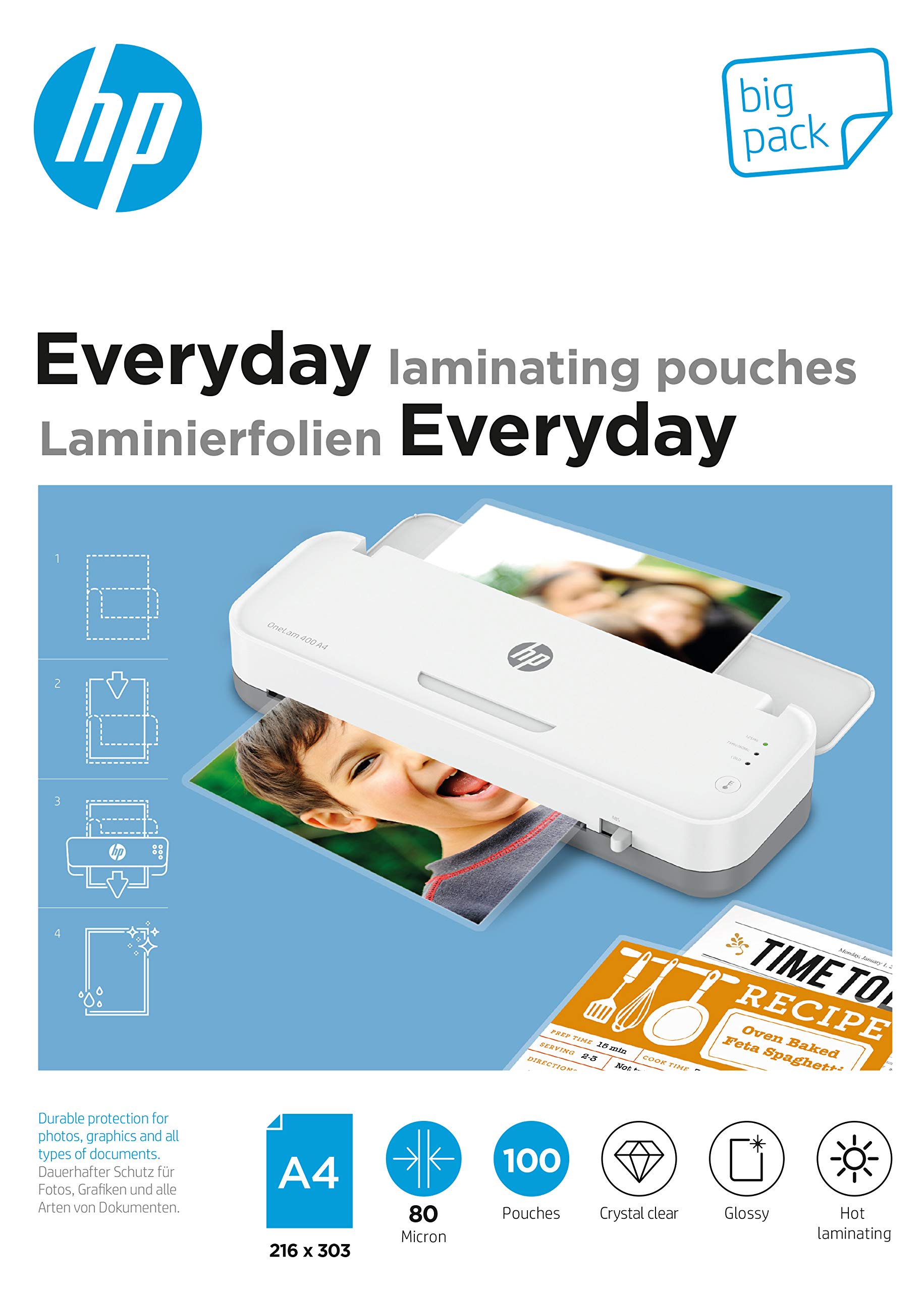 HP Everyday A4 80 Micron Glossy Clear Hot Laminating Pouches (Pack of 100) 9154