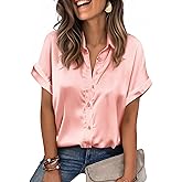 Zeagoo Womens Satin Blouse Short Sleeve Silk Tops Button Down Shirts Business Casual Outfits