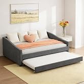 FAVSH Full Size Upholstered Daybed with Trundle | Twin Size Trundle,Button-Tufted Back, Piping on Waved-Shape Arms, Solid Wood for Boys &amp; Girls, Easy Assembly for Bedroom