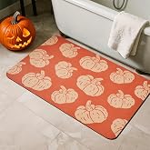 TYUU Halloween Bath Mat, Thin Halloween Bathroom Rug Non-Slip Quick Dry Pumpkin Bath Mat Fits Under Door Thin Floor Mat Fall Halloween Decor, 17’’x30‘’, Pumpkins Orange