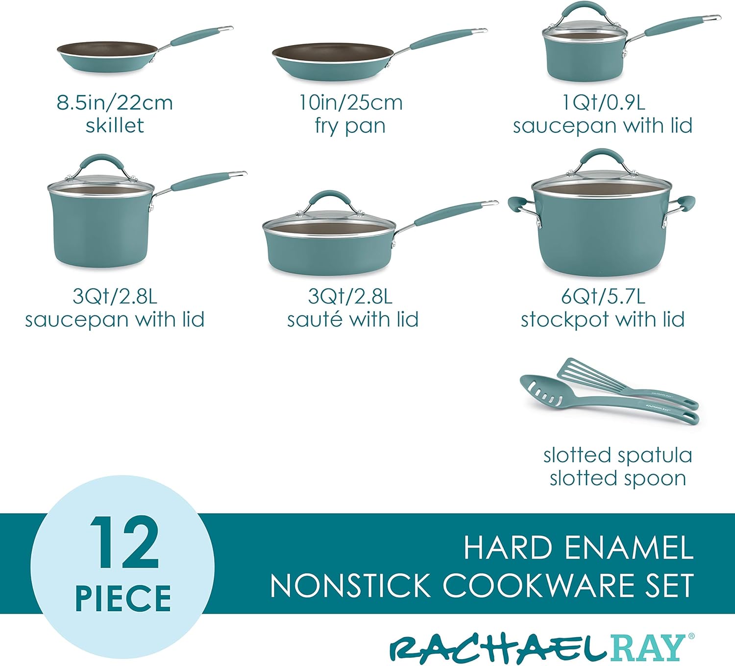 Rachael Ray Cucina Nonstick Cookware Pots and Pans Set, 12 Piece, Agave Blue: Kitchen & Dining