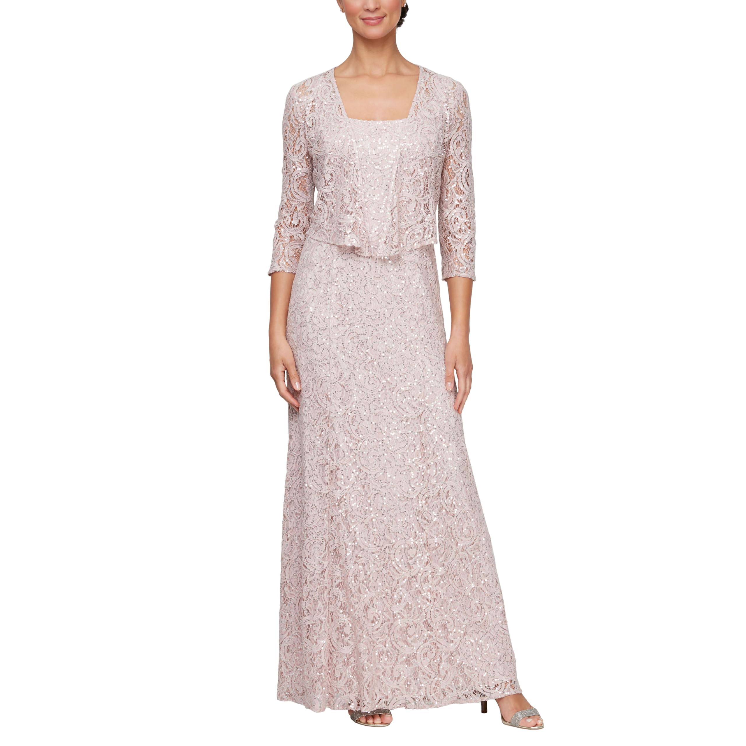 Alex Evenings Women’s Long Mother of The Bride Sequin Lace Jacket Dress with Illusion Sleeves (Petite and Regular Sizes), Shell Pink
