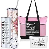 Patelai 3 Pcs Physical Therapist Appreciation Gift Set 20 oz Stainless Steel Tumbler with Straw Brush Canvas Cosmetic Bag Tote Bag for Staff Colleagues World Physical Therapist Day(Pink)