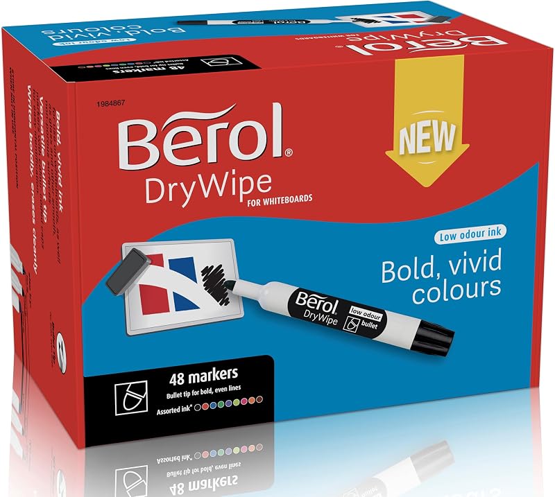 Berol DryWipe Whiteboard Marker Pens Bullet Tip Assorted 48 Pack