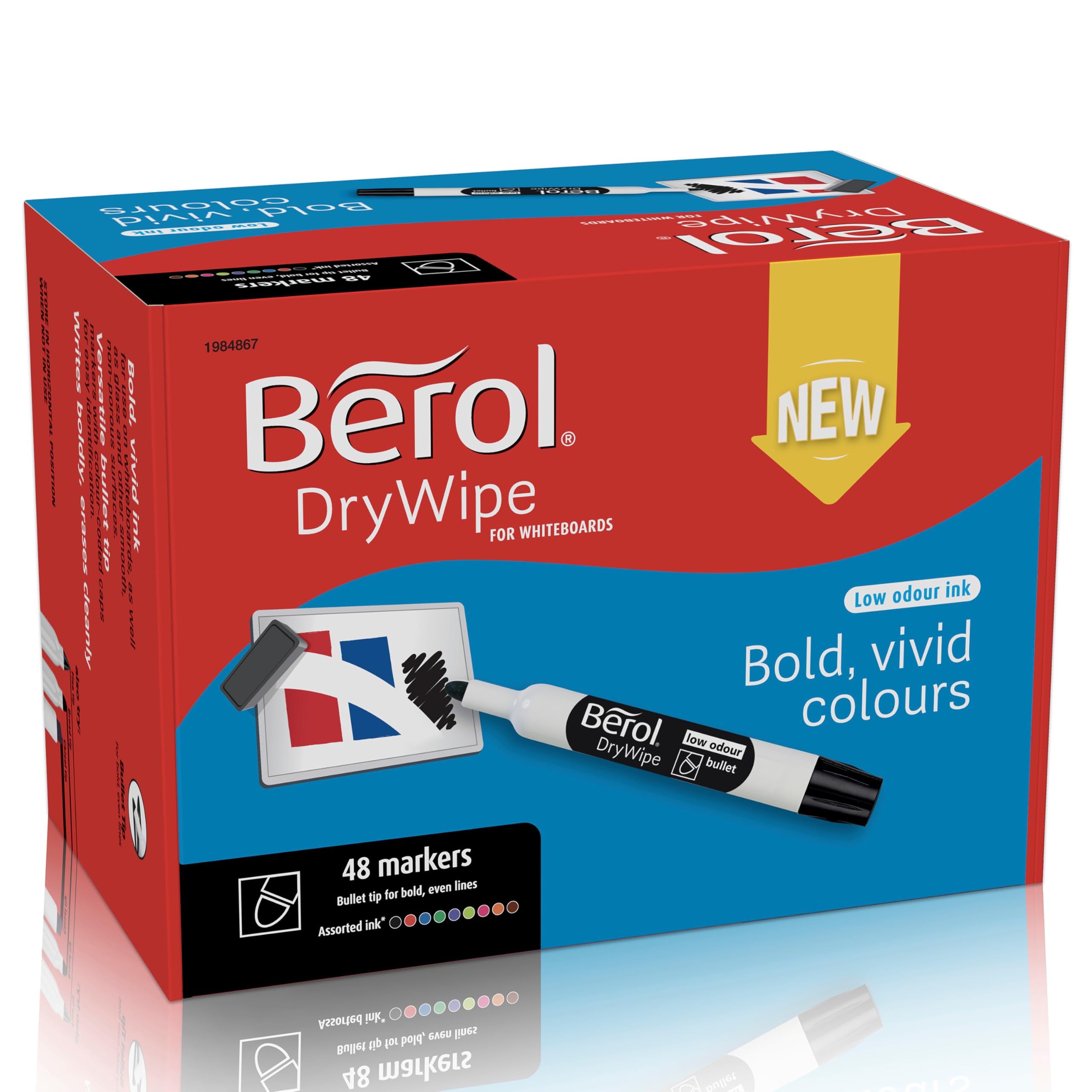 Berol DryWipe Whiteboard Marker Pens | Bullet Tip | Assorted Colours | Low-Odour Ink | 48 Dry Erase Markers