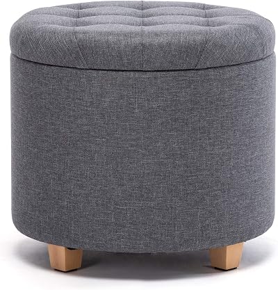 HNNHOME 45cm Round Linen Padded Storage Ottoman with Lid Lava