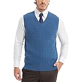 Kallspin Men’s Cable Knit Sweater Vest Pure Cotton V-Neck Sleeveless Knitted Pullover for Fall Winter