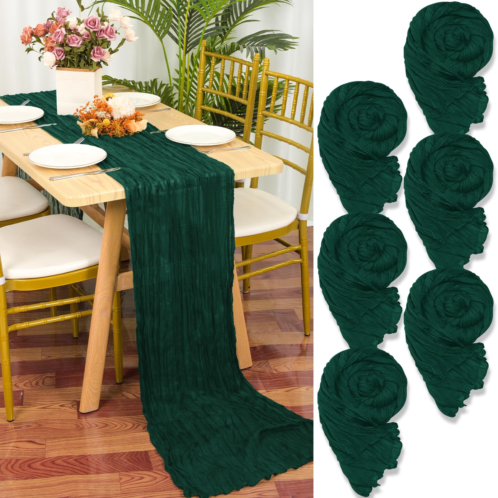 YMHPRIDE 6 Packs Cheesecloth Table Runner Dark Green, 55x300cm Emerald Green Rustic Gauze Fabric Boho Table Runner, Cheesecloth Wedding Table Decor for Wedding Party Bridal Shower Table Decorations — image 1