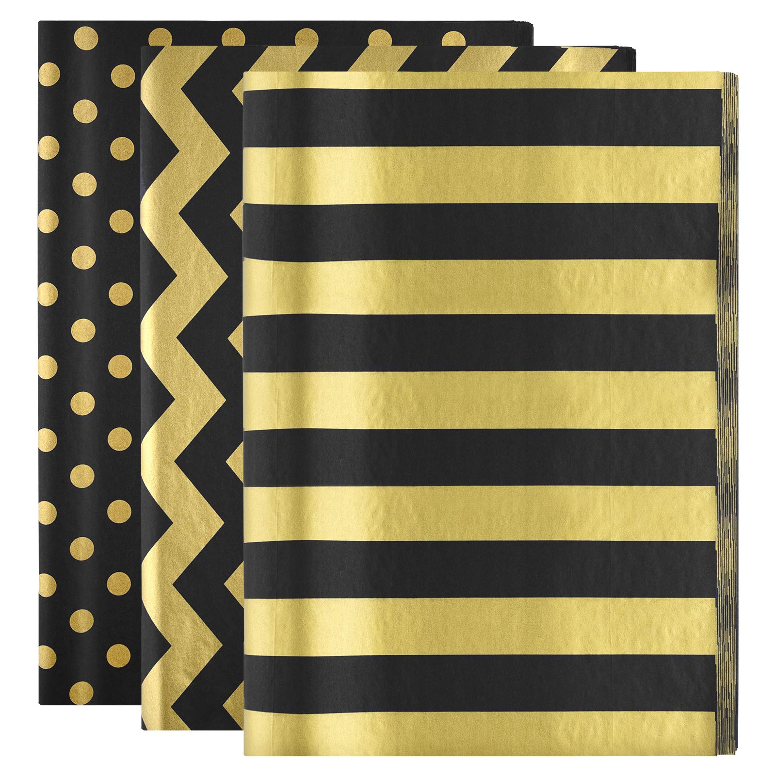 MIAHART 60 Pcs Gold Black Tissue Paper Bulk 3 Style Decorative Metallic Wrapping Paper for Birthday Weddings Christmas Party Decoration, DIY Arts Crafts