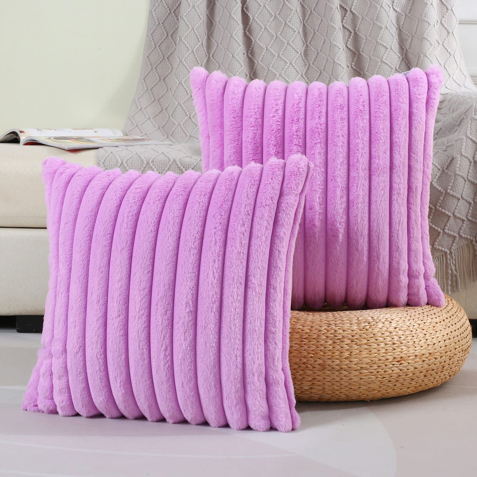 Photo 1 of FUTEI Purple Striped Decorative Throw Pillow Covers 20x20 Inch Set of 2,Square Fall Decorations Couch Pillow Case,Soft Cozy Faux Rabbit Fur & Velvet Back,Modern Home Decor for Bed