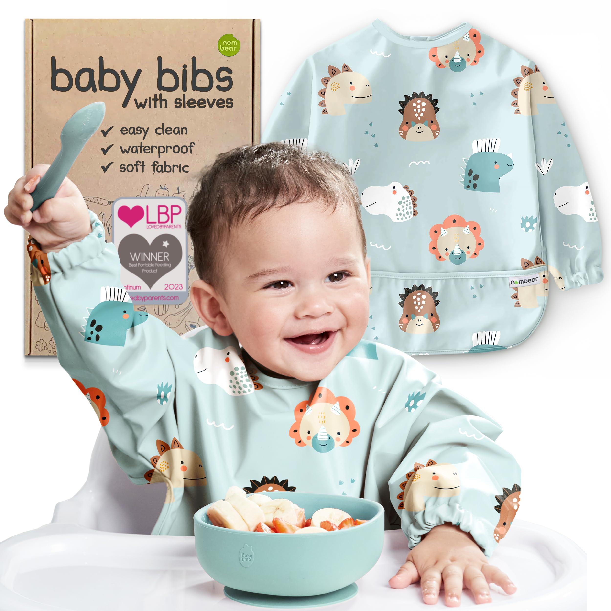 Nombear Baby Bibs with Sleeves for 6-24 Months, 1 Pack - Easy Wipe Clean, Machine Washable Baby Weaning Bib with Sleeves, Waterproof Long Sleeve Bibs, Non Silicone and Coverall Bib