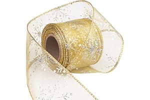 Livder 2.5 Inch Wide Christmas Wired Ribbon Snowflake Organza Sheer Glitter Ribbon for Xmas Tree, Wreath, Party Decoration, Gift Wrapping (Golden, 10.9 Yards)