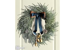 Front Door Christmas Wreath - Rustic Bow Bell Wreath Ornament - Farmhouse Holiday Decor for Office Window Entrance Front Door