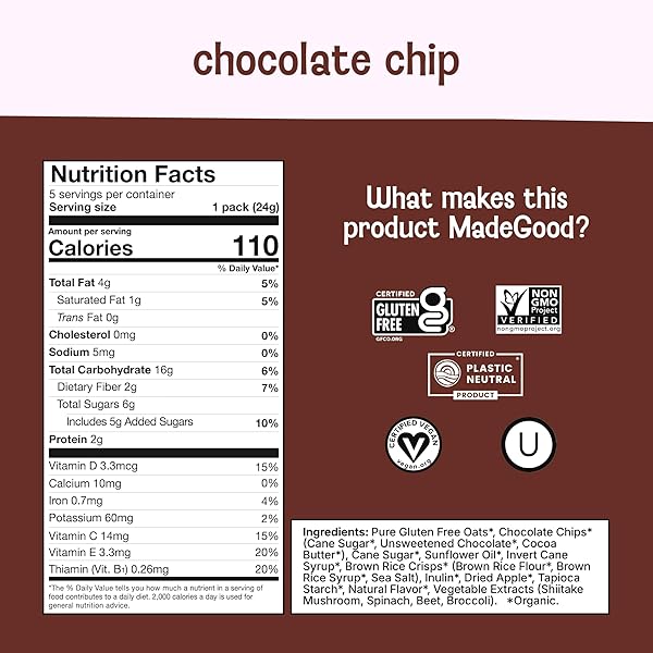 MADEGOOD ORGANIC CHOCOLATE CHIP GRANOLA BITES, 5CT X 0.85OZ