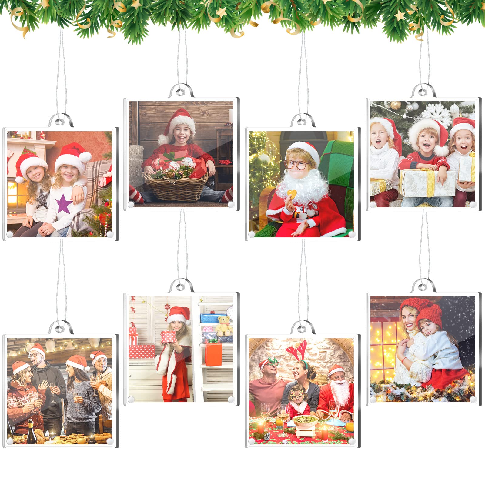 Photo 1 of Weysat 8 Pcs Christmas Acrylic Photo Ornaments Hanging Picture Frame Ornaments Wallet Size Picture Frames for Christmas Tree Decoration Tear the Scratch Film Before Use(Square,3.14 x 3.14 Inch)