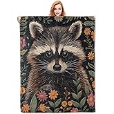 VANZEV Raccoon Floral Flannel Blanket, Wildlife and Botanical Soft Lightweight Throw Blankets Gifts for Women,50" x 60" Perfect for Couch Bed Home Travel Decor