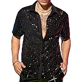 WDIRARA Men's Sequin Color Block Short Sleeve Collared Neck Button Down Shirt Party Club Tops