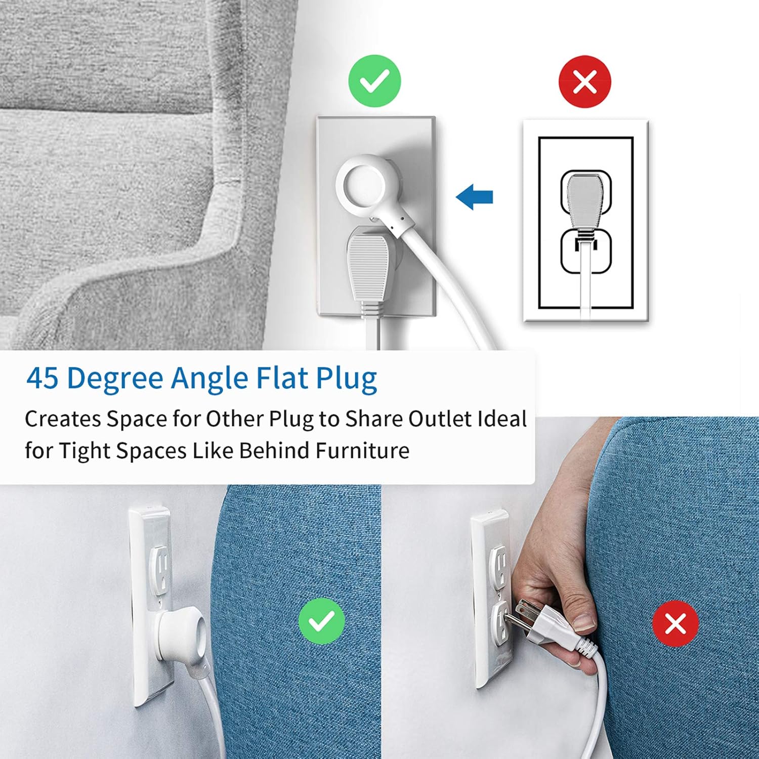 Flat Plug USB Power Strip with 15 ft Extension Cord, NTONPOWER 2 Outlet 3 USB Nightstand Desktop Charging Station, 1250W/10A, Compact for Home Office Bedside Dorm Essentials, White: Electronics