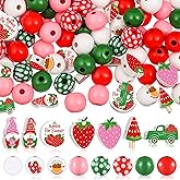 Buryeah 200 Pcs Strawberry Beads Summer Wood Beads for Crafts 16 mm and 20mm Gnome Strawberry Truck Round Wooden Charms Decorative Colorful Charms for Summer Jewelry Making DIY Garland Home Decor