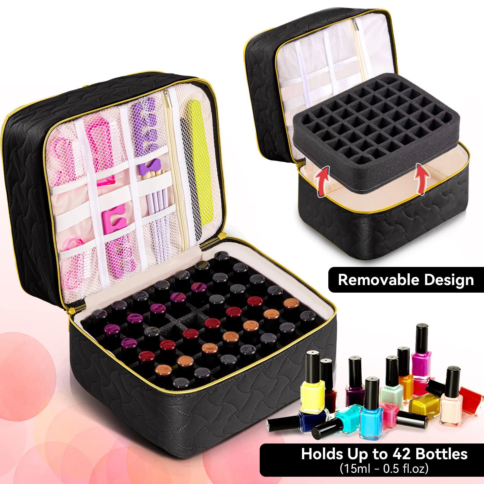 DreamGenius Nail Polish Organizer Case Holds 42 Bottles, Portable Double-Layer Nail Polish Storage Bag with Adjustable Dividers for Manicure Tools, Black