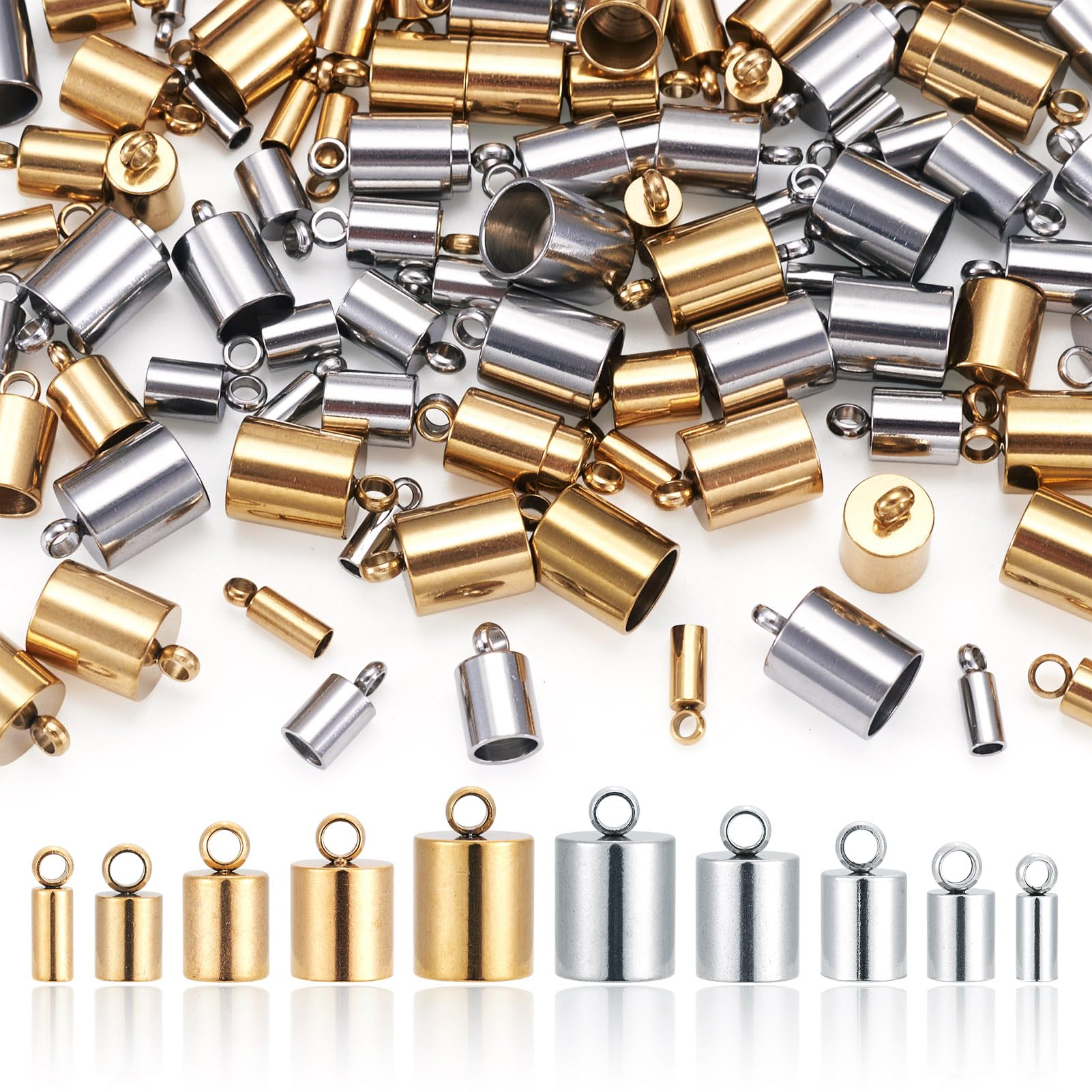 PandaHall 100pcs Stainless Steel Tube Cord Ends Caps 5 Size Leather Cord Ends Crimp for Bracelet Jewelry Making (Golden & Stainless Steel Color)