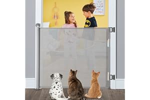 MYPIN Retractable Baby Gate, Extra Wide Safety Kids or Pets Gate, 33” Tall, Extends to 55” Wide, Mesh Safety Dog Gate for Stairs, Indoor, Outdoor, Doorways, Hallways(33”x55”- Grey)
