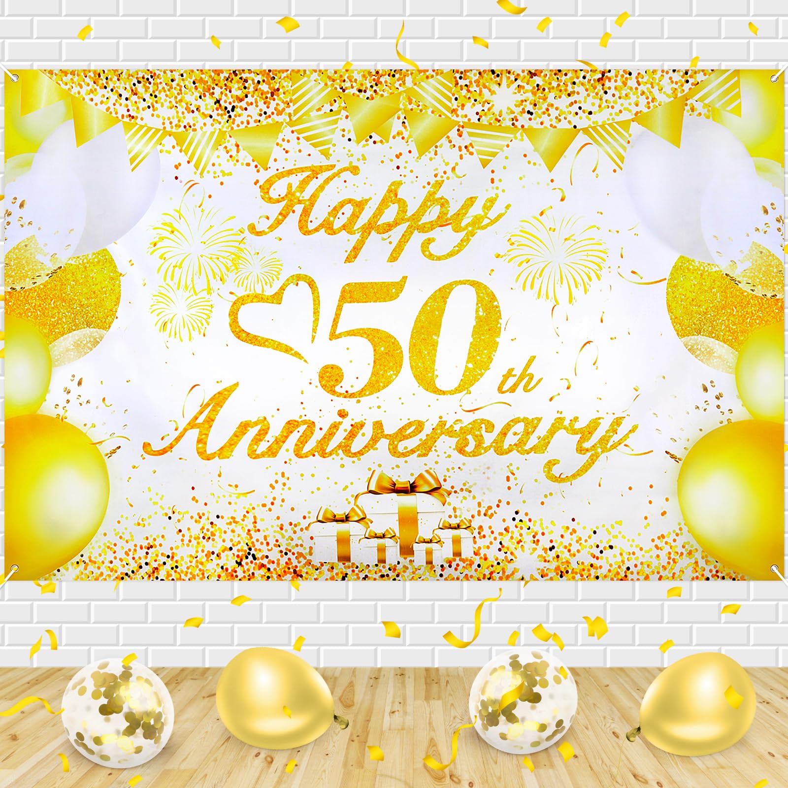 Lemicin Golden Wedding Decorations - 50th Anniversary Banner & Backdrop - Happy 50th Anniversary - 72.8x43.3 inches