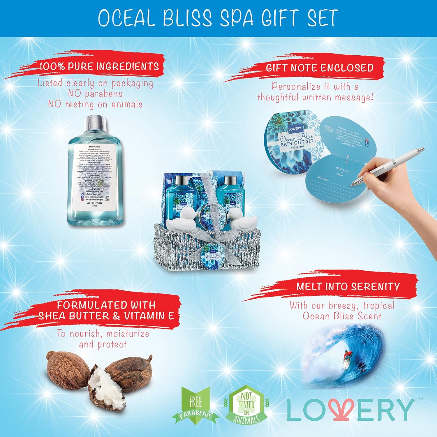 Home Spa Gift Basket in Heavenly Ocean Bliss Scent - 9 Piece Bath & Body Set With Shower Gel, Bubble Bath, Salts, Lotions & more! Great Wedding, Anniversary, Birthday & Graduation Gift for Women & Men : Beauty